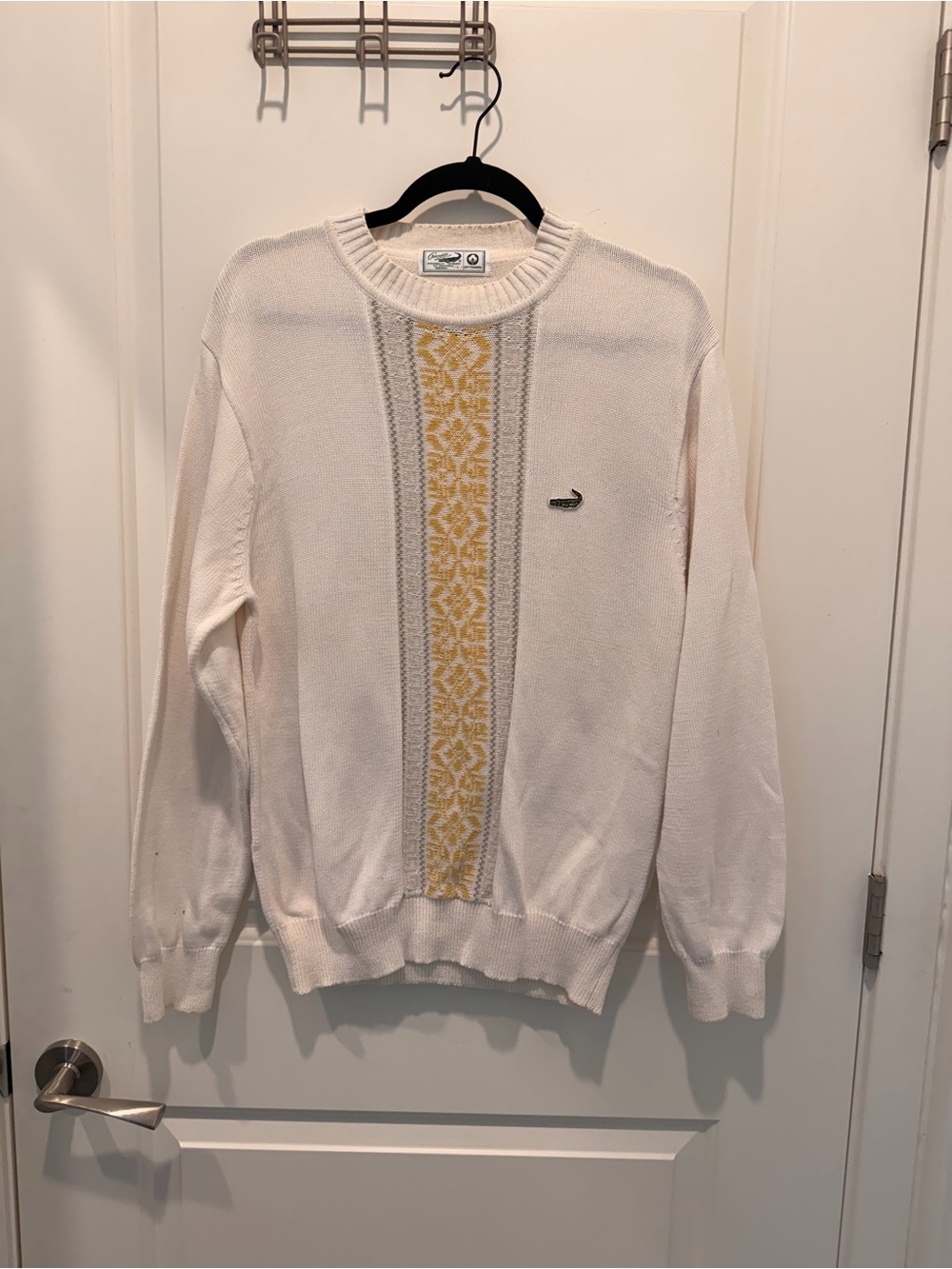 Vintage Crocodile Cotton Crewneck Sweater with Vertical Geometric Pattern Size L